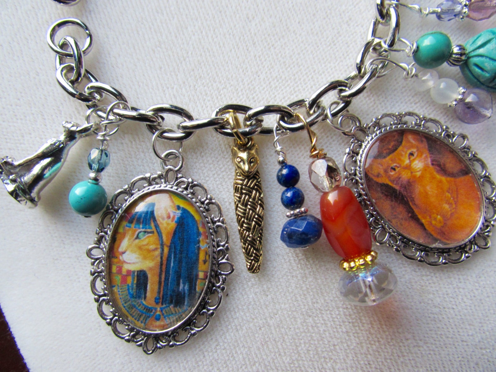 Bastet Altered Art Charm Bracelet With Genuine Gemstones Etsy
