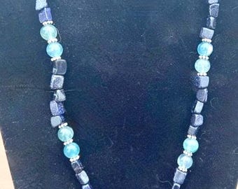 Blue Fluorite and Goldstone Nugget Necklace