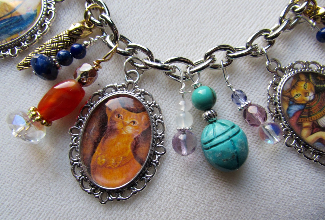 Bastet Altered Art Charm Bracelet With Genuine Gemstones Etsy