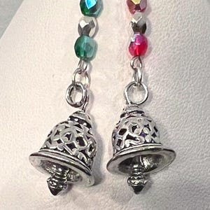 Silver Bell and Faceted Crystal Earrings Choose Red or Green!