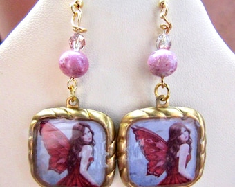 Red Pink Butterfly Fairy Altered Art Earrings