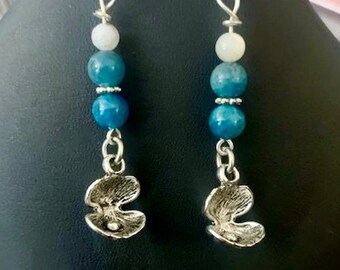 Ocean Blue Apatite & Moonstone Shell Earrings