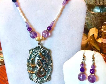 Giant Gold Mermaid Medallion Amethyst Necklace and Earrings Set