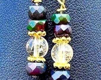 Black Ethiopian Opal & Gold Rutile Quartz Earrings