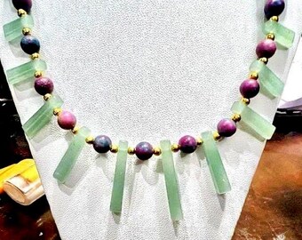 Green Aventurine Fan Necklace with Raw Kyanite and Ruby Beads