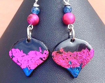Bright Fuscia Foil Ceramic Ornament Earrings with Gemstones