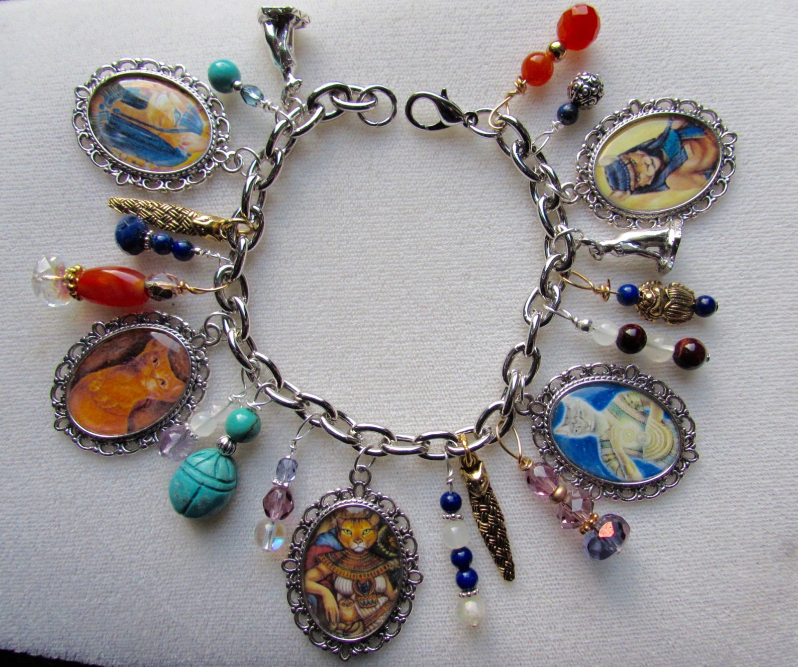 Bastet Altered Art Charm Bracelet With Genuine Gemstones Etsy