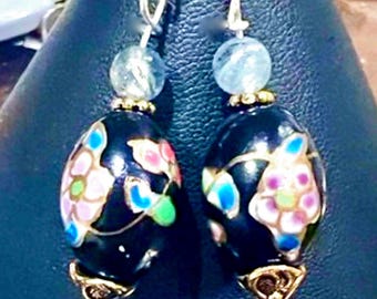 Vintage Cloisonné Egg and Kyanite Earrings