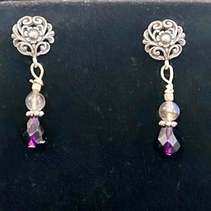 Sterling Victorian Floral Studs with Deep Amethyst and Labradorite