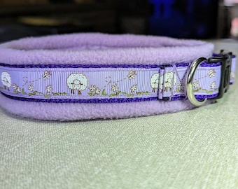 Adjustable Lilac and Purple Dog Collar with Fleece Lining, Sheep and Flowers Pattern, Lightweight, Machine Washable