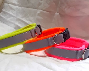 Adjustable dog collar,  fleece lined,  Hi Vis, reflective, neon, fluorescent,  yellow, orange, pink