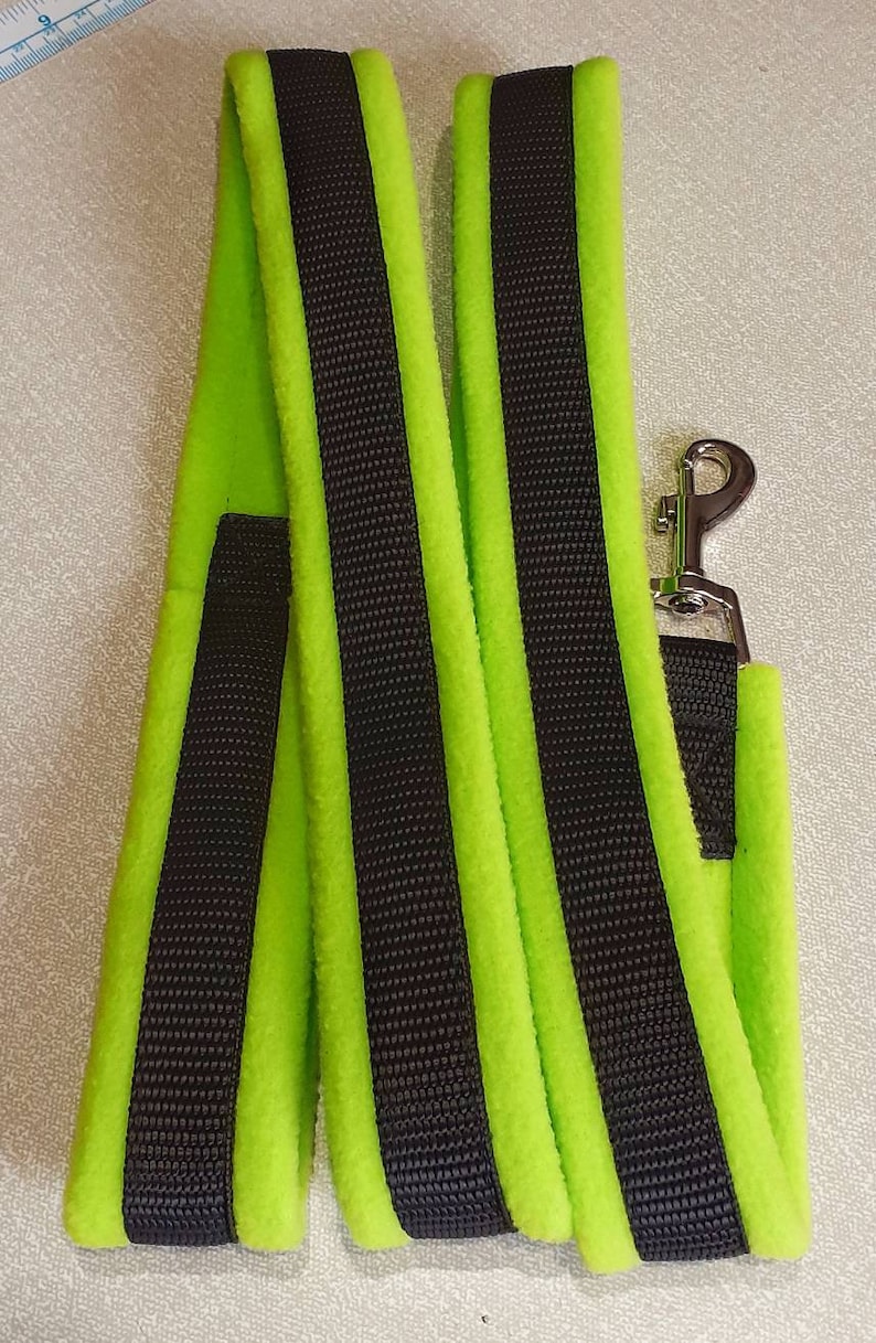 May include: A lime green dog lead with two black stripes running down the length of the lead. The lead has a silver metal clip.