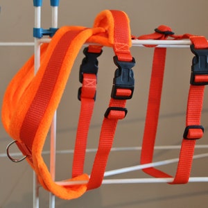 Dog harness, fleece lined, no escape, secure, no pull, top handle,  front d-ring, dog walking, High Visibility, Orange, Size S