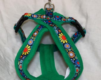 Adjustable Floral Dog Harness with Cosy Emerald Green Fleece Lining, Lightweight, Durable, Machine Washable, Handmade