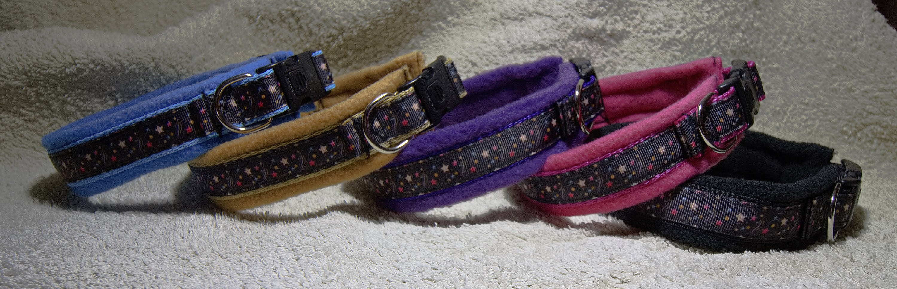 Fleece lined dog collar, Adjustable, Stars, Choice of fleece lining colours