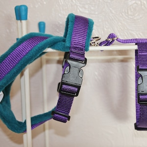 May include: Purple dog harness and collar set with teal fleece lining and black plastic buckles.