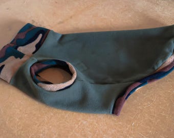 Cosy fleece polo neck dog jumper. Khaki with jungle camo trim. Sizes S,M,L Dog sweater.
