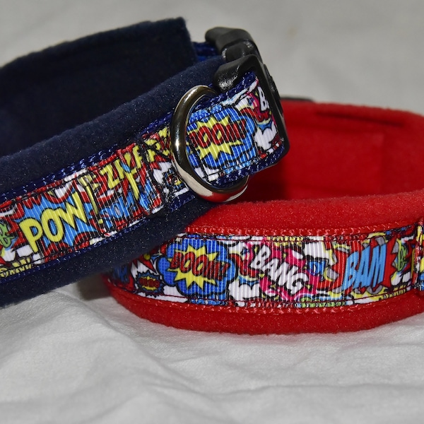 Dog collar,  fleece lined,  Adjustable,  Superheroes, matching lead options, dog walking, red, navy, royal blue