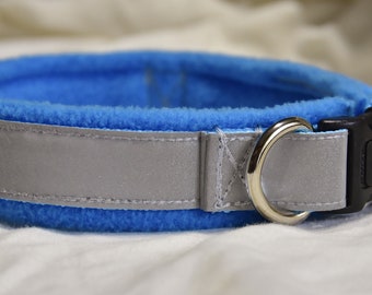 Verstellbares Hundehalsband, türkis, reflektierend, mit Fleece gefüttert.