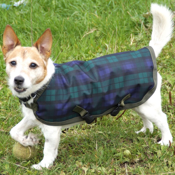 Waterproof dog coat, fleece lined,  Black Watch Tartan, all sizes available, Made To Measure,  Harness hole, Dog walking