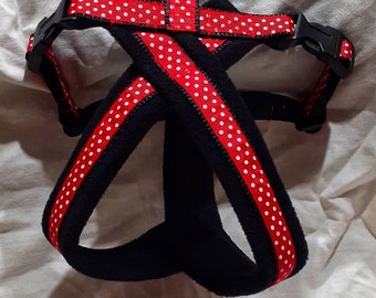 Dog Harness - Fleece Lined with Matching Lead options - Red/White polka dots