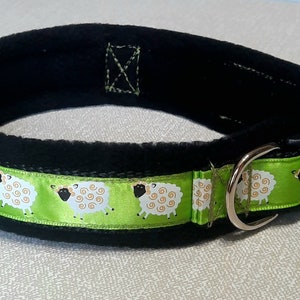 Dog collar,  fleece lining, Adjustable, Sheep, Emerald Green,  Black,  No rub collar,  Dog Walking