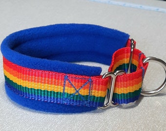 Fleecegefüttertes Martingale Hundehalsband, Regenbogen, royalblau, 50mm breit, zum spazieren gehen, no rub Halsband.