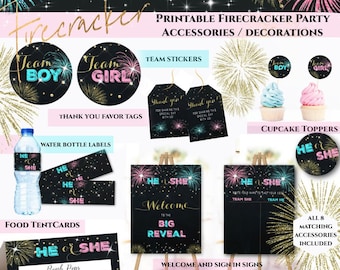 Decoraciones de revelación de género con temática de fuegos artificiales - Paquete de decoración para fiesta de revelación de género con temática de fuegos artificiales - Letrero de bienvenida imprimible, etiquetas, descarga instantánea en PDF para hacer tú mismo