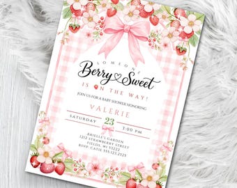 Berry Sweet Baby Shower Invitation, Strawberry Baby Shower Invites, Gingham Baby Shower Invites Coquette Pink Red (Printed or Digital File)