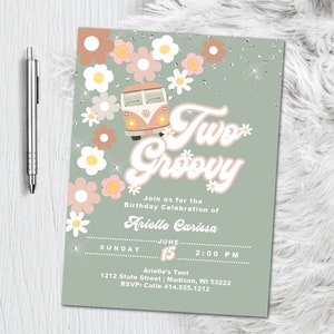 Two groovy invitation - Two Groovy Birthday Invite - Too Groovy Invite Flower Hippy 70s 2nd Birthday Party Printed Printable Sage Green pink