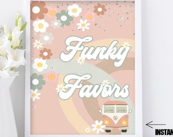 May include: A framed 8x10 inch print with the words "Funky Favors" in a retro font, featuring a pastel rainbow and a vintage van illustration. The design includes floral accents in shades of brown, white, and green.