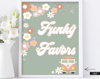 May include: A framed print with the words "Funky Favors" in a retro font, featuring a pink and white VW bus illustration. The background is a muted green with floral accents. The print is 8x10 inches.