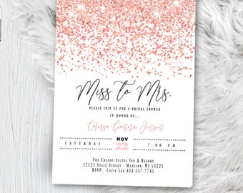Rose Gold Bridal Shower Invitation, Misses to Mrs Bridal Shower, Pink Glitter invites, sparkle Script Elegant Invite (Printed or Digital)