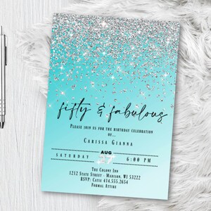 Light Blue Birthday Invitation, Any Age, Forty and Fabulous, 16, 21, 30, 40, 50, 60, 70 Blue and Silver Glitter Printed or Printable Invite