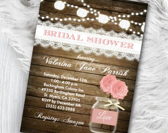 Blush Bridal Shower Invitation – Rustic Bridal Shower Invitations, Barn Mason Jar Invites for outdoor shower (Printed or Digital File)