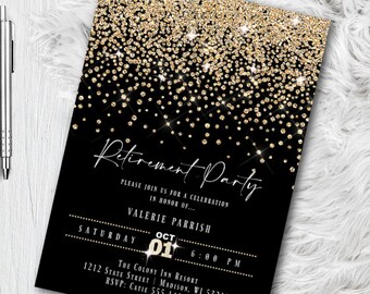 Black and Gold Retirement Party Invitations, Retired Party Invites, Formal Casual (Digital or Printed)