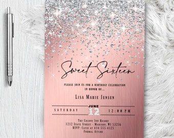 Sweet 16 Invitation Silver Glitter Pink Ombre Sweet Sixteen Invitations Birthday Party Invitations Silver Foil Sweet 16 Party Invitation