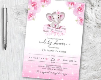 May include: A baby shower invitation featuring a watercolor illustration of a gray elephant with pink accents and floral details. The invitation includes the text "You're Invited" and event details for Valerina Parrish's baby shower.