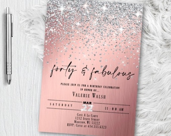 Rose Gold Birthday Invitation, Fifty and Fabulous invites, Forty and Fabulous, Any Age, Glitter Pink Silver Themed (Printed or Printable)