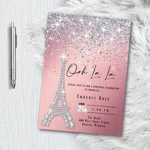 Paris Invitations, Parisian Themed Birthday Party Invitation, Printed or Printable Invite with Eiffel Tower, Pink and Silver Glitter invites