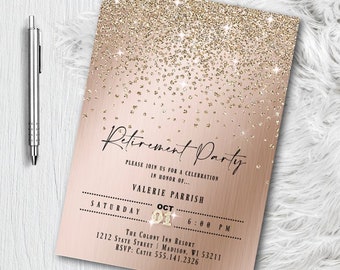 Gold Retirement Party Invitations, Retirement party invites, formal, elegant, glitter retirement party theme (Digital or Printed)