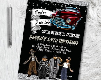 Lowrider Birthday Invitation, Cholo Party Invites, Homies Classic Car Hot Rod Lowrider Party Invitation, Printed with free envelopes digital