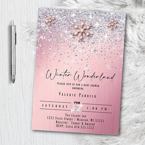 Winter Wonderland Baby Shower Invitation - Girl Baby Shower Invitation - Glitter Sparkled Rose Gold Pink Snowflake Invite Printed Printable