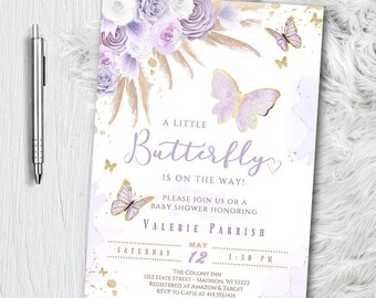 Invitación para baby shower con mariposas moradas – Invitaciones para baby shower con mariposas estilo boho, invitación floral estilo boho de las pampas (descarga digital)