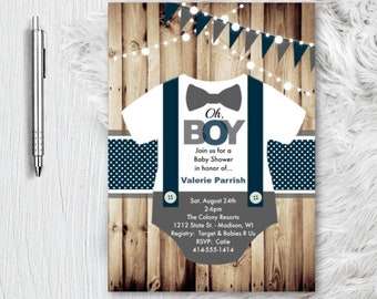 Boy Baby shower Invitations, Little Man Baby Shower Invitation, Oh boy Invites, Onesie Bowtie Party  (Digital or Printed)
