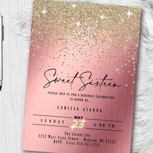 Personalised Glitter Birthday Party Invites Any Age Wedding Engagement RoseGold 