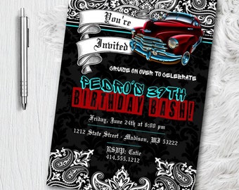Lowrider Classic Car Birthday Invitation, Lowrider Invitations, Hot Rod Cholo Theme Party (Printed or Printable)
