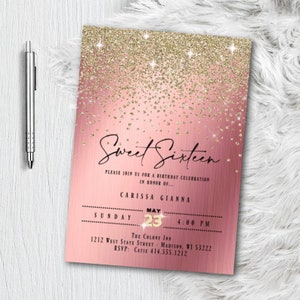 Rose Gold Sweet 16 Invitation, Pink and Gold Glitter Confetti Sixteen Birthday Party Invite, Printed or Printable Digital File, Quinceanera