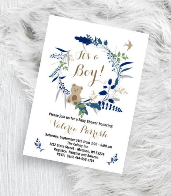 boy baby shower invitation - it's a boy - navy blue and brown - oh boy  teddy bear wreath floral boy shower invite printed or printable