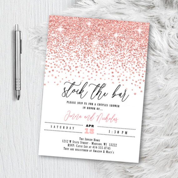 Stock the Bar Couple Shower Invitation, Rose Gold Bridal Shower Invite Wedding Shower Pink Glitter Confetti Wedding Printed Printable Bridal Il_570xn